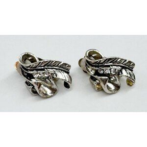 Vintage Silver Tone Y2K Clear Rhinestone Curled Leaf Leaves Clip On Earrings